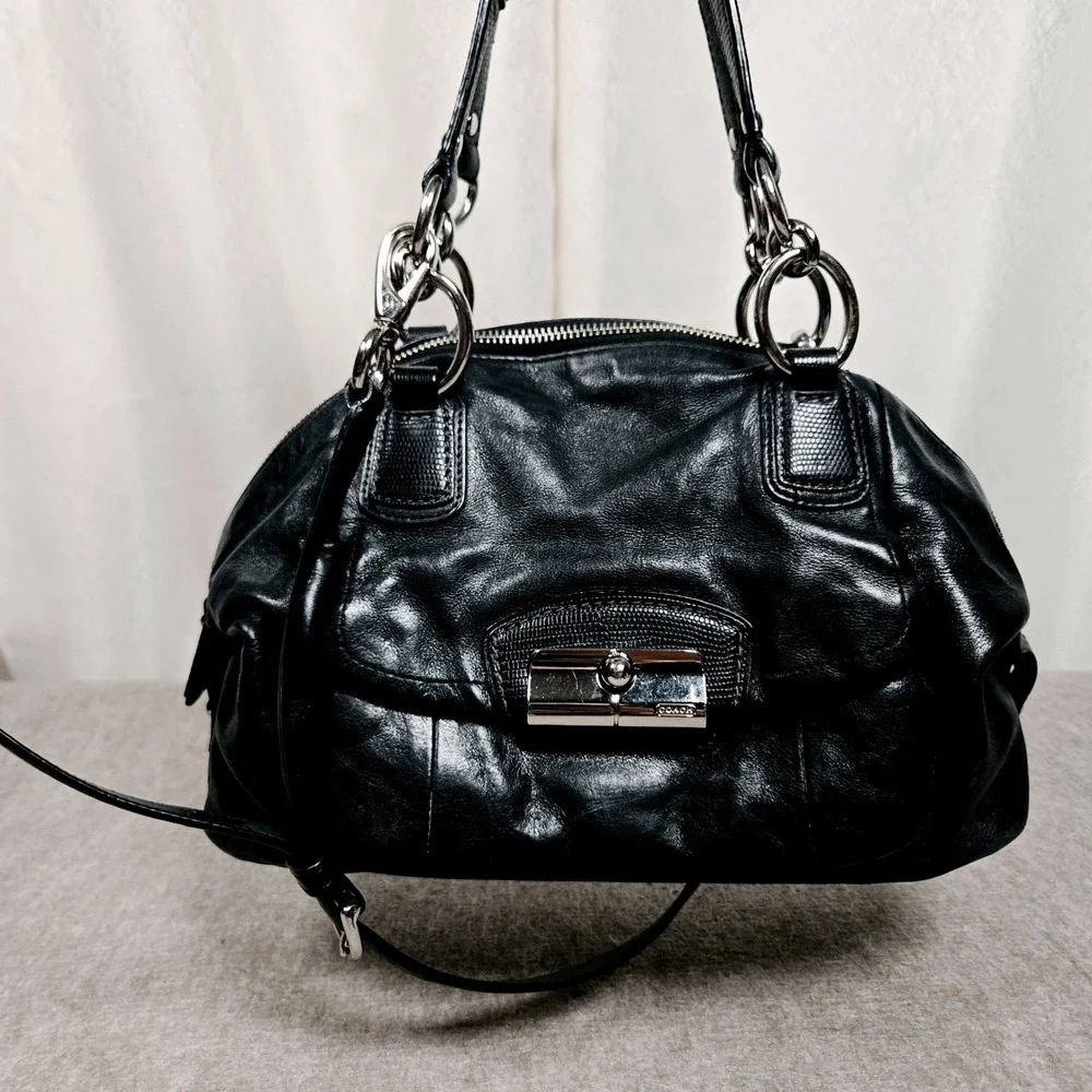 COACH #F22304 Kristen Black Leather Double-Zip Satchel Shoulder Bag